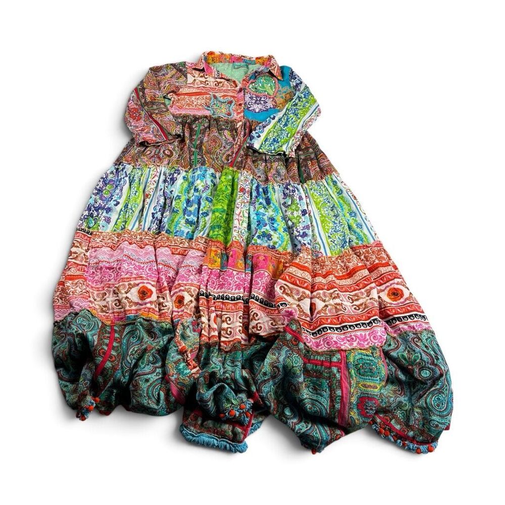 Antica Sartoria Patchwork Maxi Dress Tiered Boho Beaded Sequin Long Sleeve OS